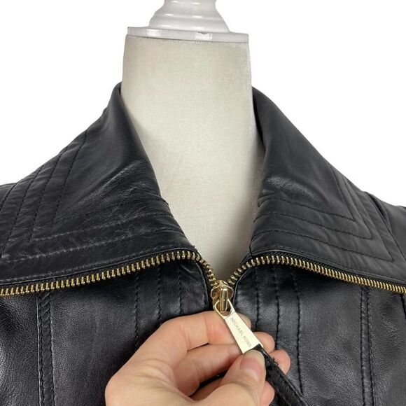 Michael Kors Missy Wing Collar Black Leather Moto Jacket Size XS $695 - Picture 6 of 16